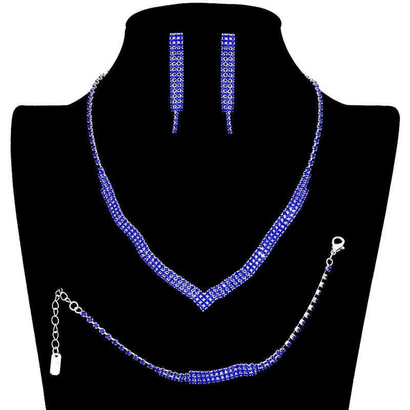 3PCS 3Rows Crystal Rhinestone Necklace Jewelry Set