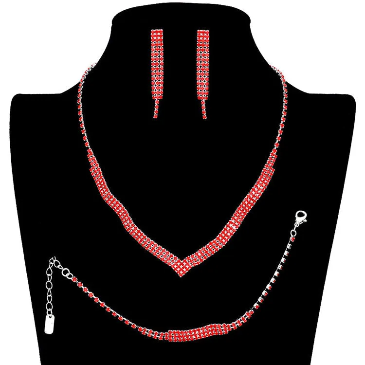 3PCS 3Rows Crystal Rhinestone Necklace Jewelry Set