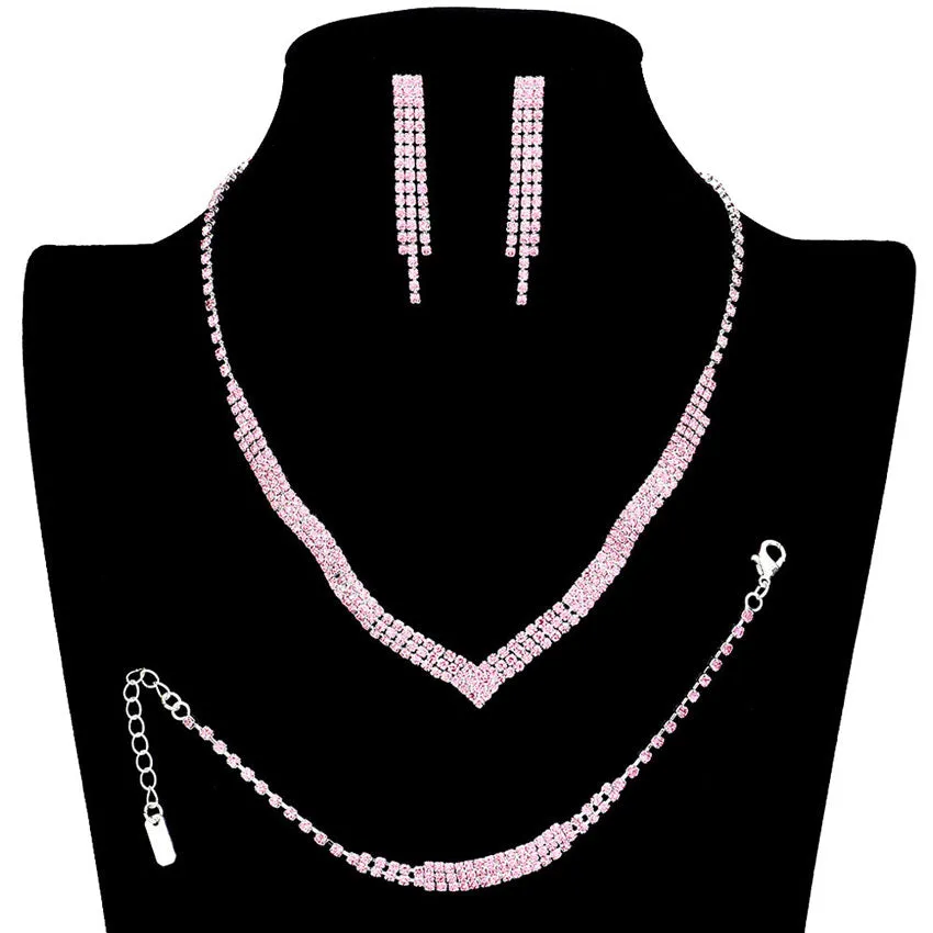 3PCS 3Rows Crystal Rhinestone Necklace Jewelry Set