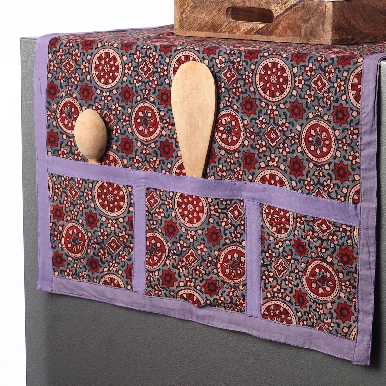 Ajrakh Block Printed Cotton Fridge Top Cover with Multiple Pockets