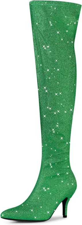 Allegra K Women's Glitter Pointed Toe Stiletto Heel Over the Knee Thigh High Boot