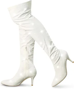 Allegra K Women's Glitter Pointed Toe Stiletto Heels Over the Knee High Boots