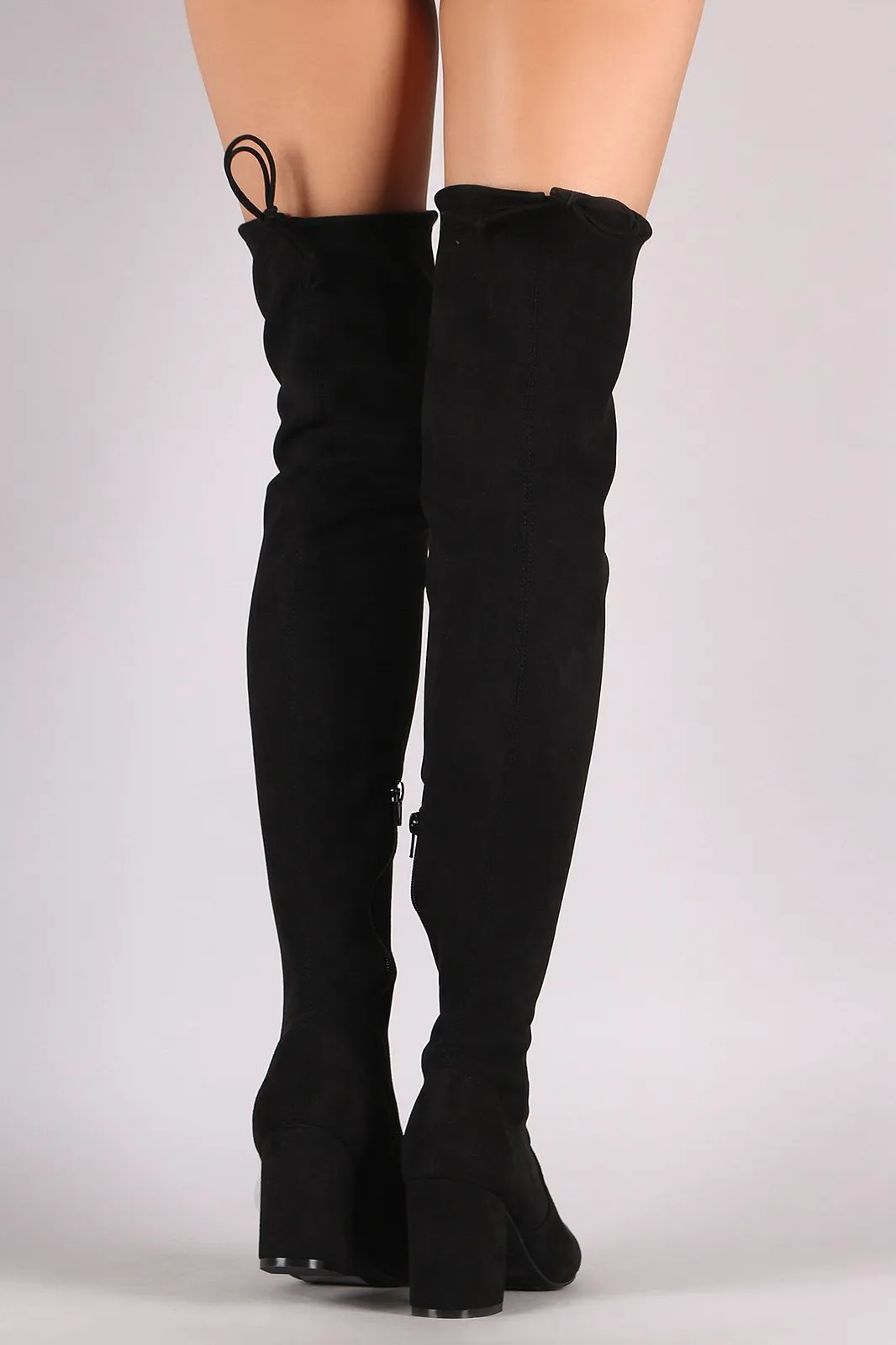 Bamboo Suede Drawstring Tie Block Heeled Over-The-Knee Boots