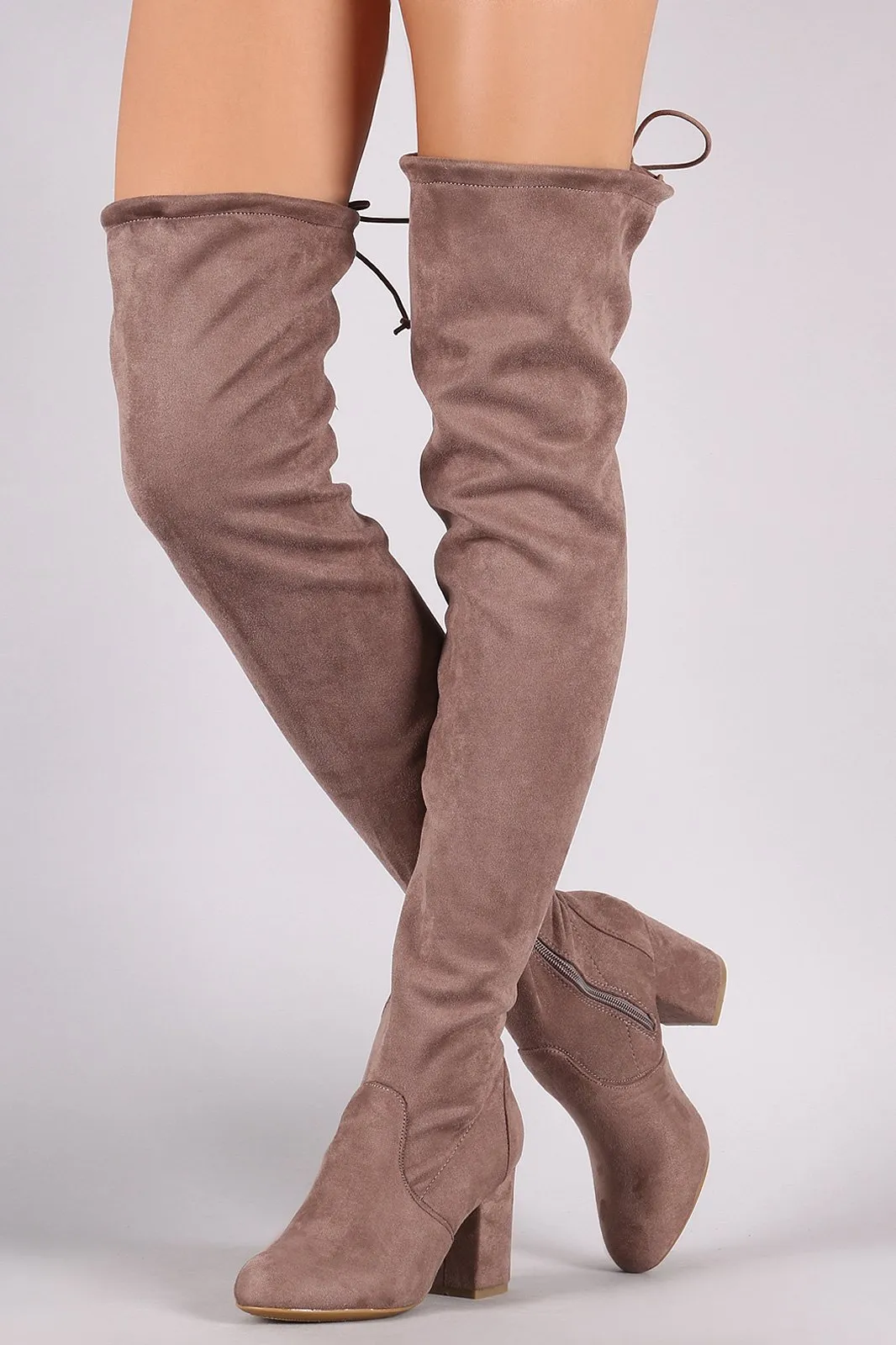 Bamboo Suede Drawstring Tie Block Heeled Over-The-Knee Boots