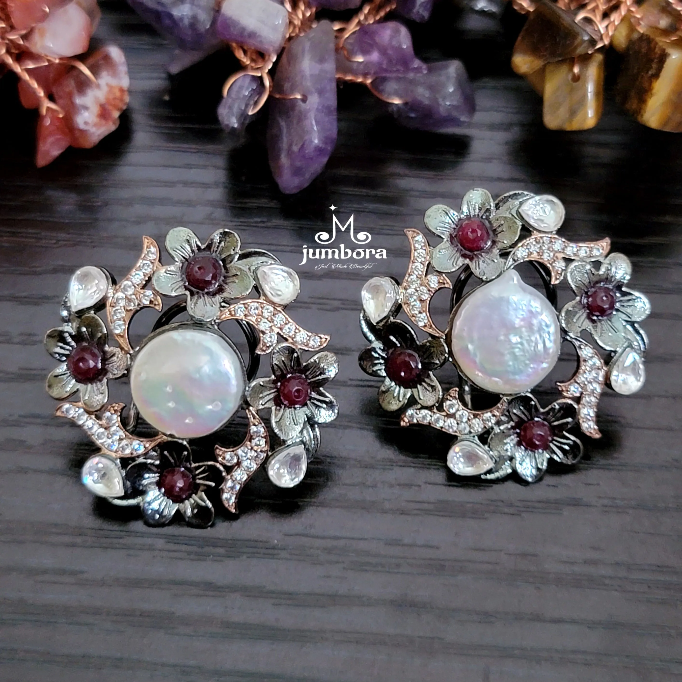 Baroque Pearl Victorian Rosegold  AD Zircon Stone stud Earring
