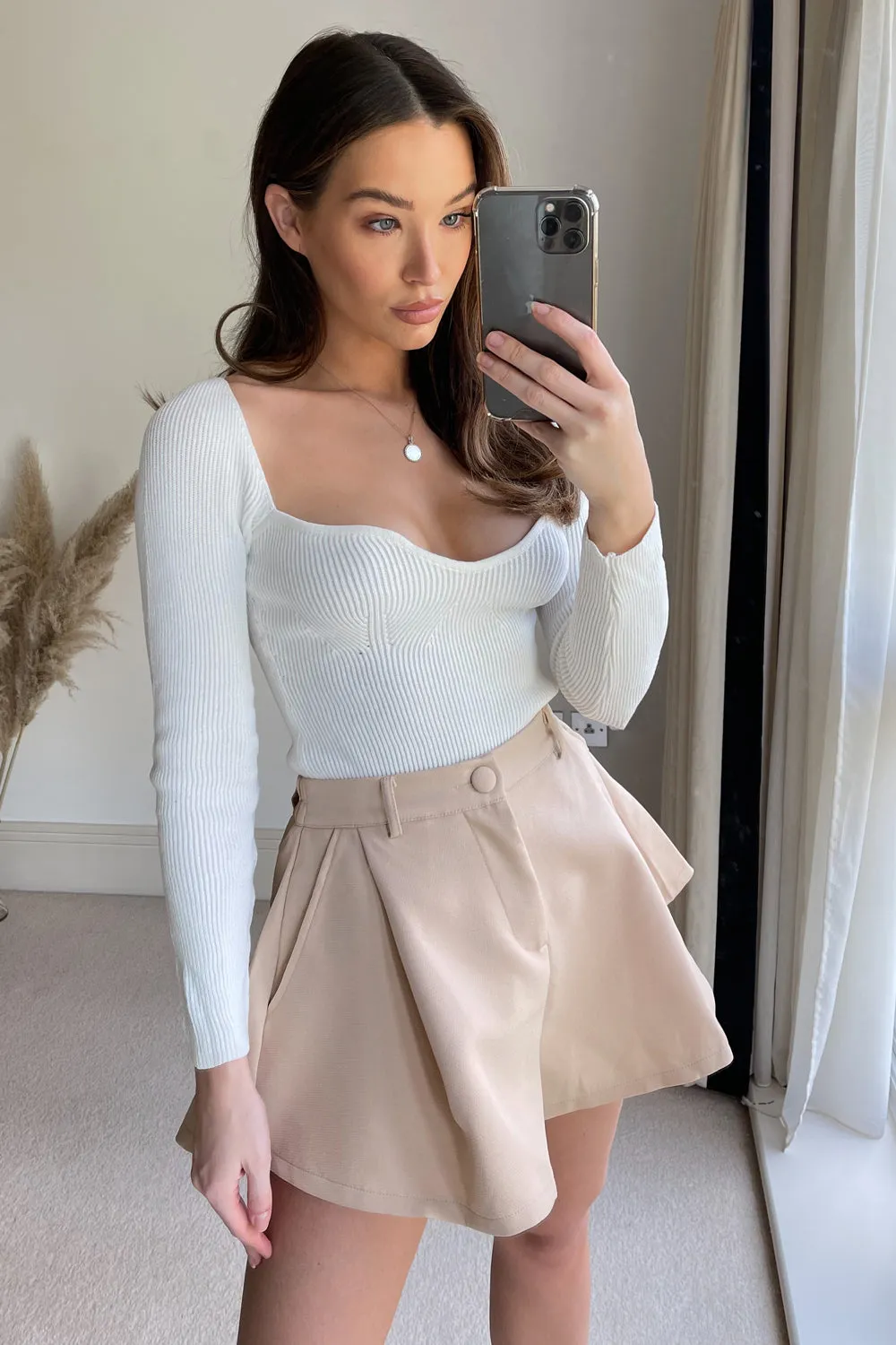 Beige High Waisted Flared Shorts