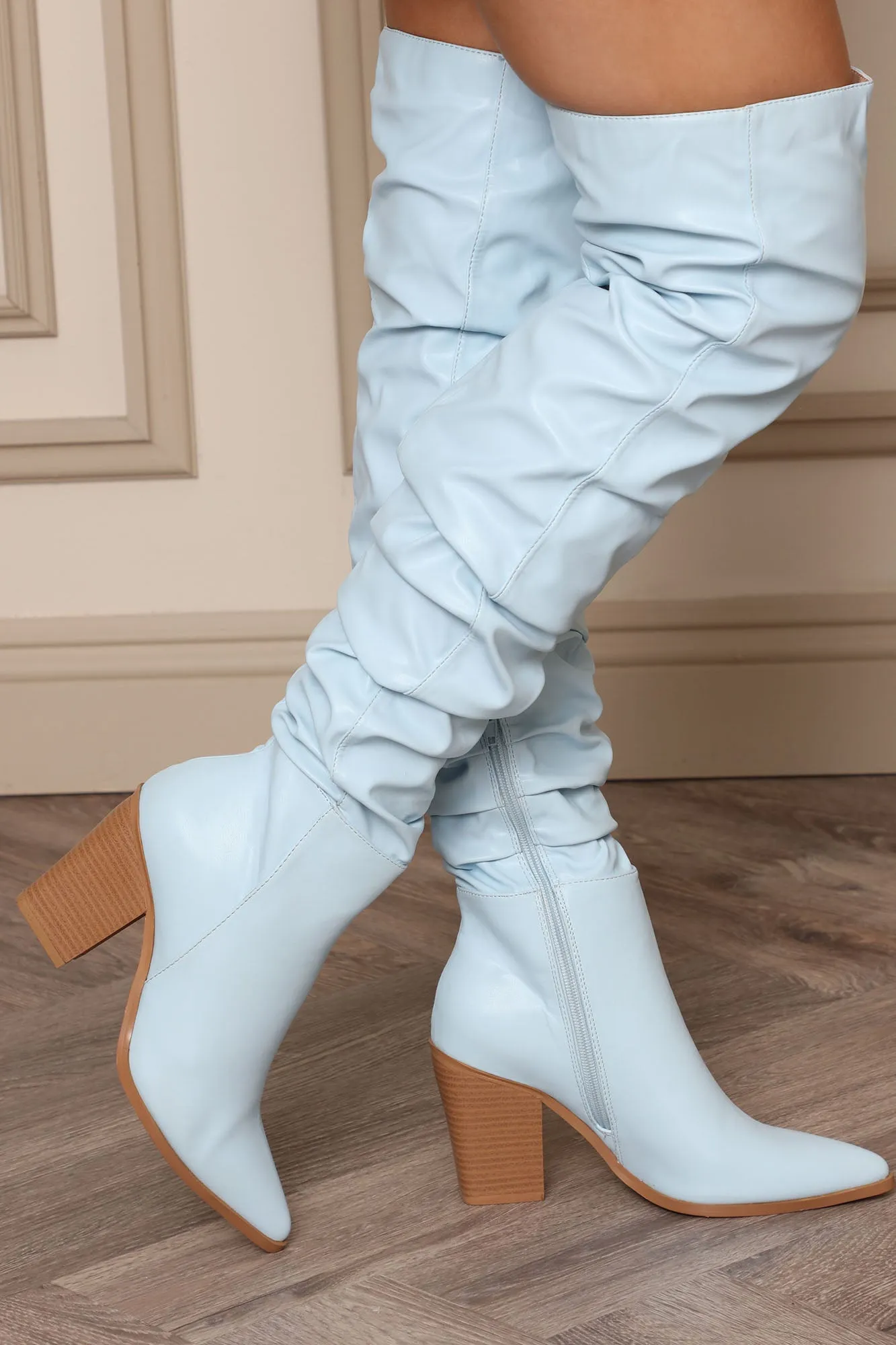 Best Intentions Ruched Over The Knee Boots - Light Blue
