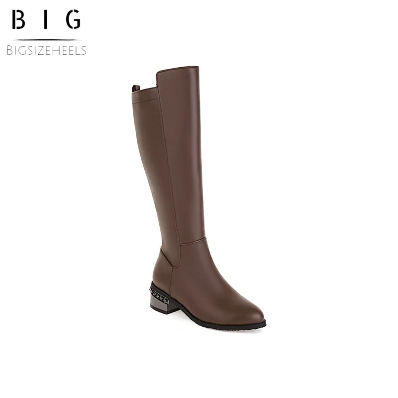 Bigsizeheels Simple solid color round toe over-the-knee boots-Dark brown