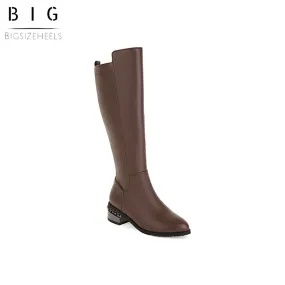 Bigsizeheels Simple solid color round toe over-the-knee boots-Dark brown