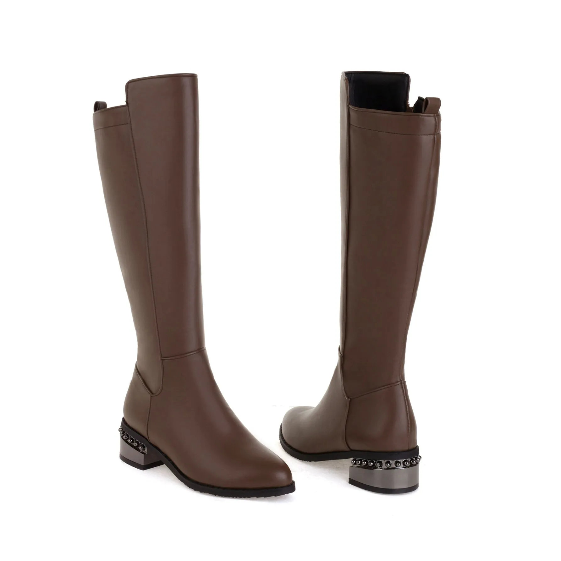 Bigsizeheels Simple solid color round toe over-the-knee boots-Dark brown