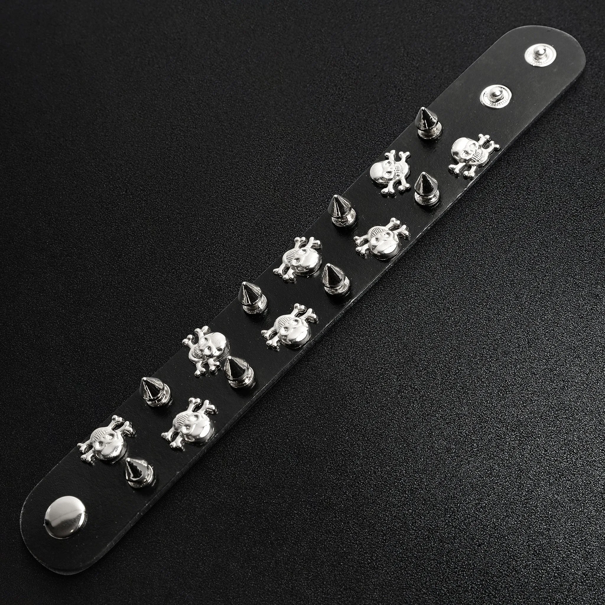 Black Leather Stainless Steel Skull And Crossbones Studded Bracelet / LBJ12553