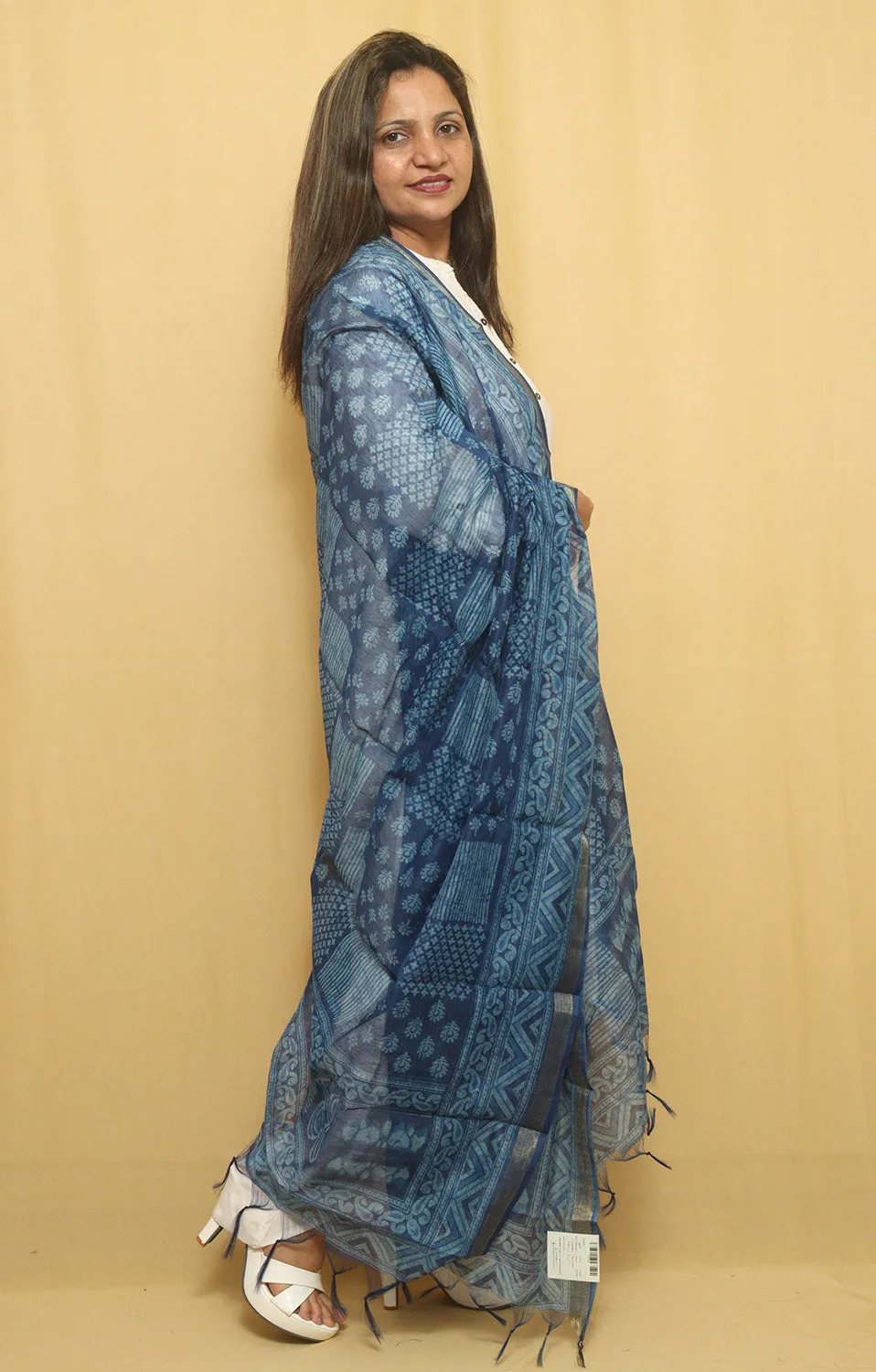 Block Printed Blue Chanderi Silk Dupatta - Stylish & Elegant