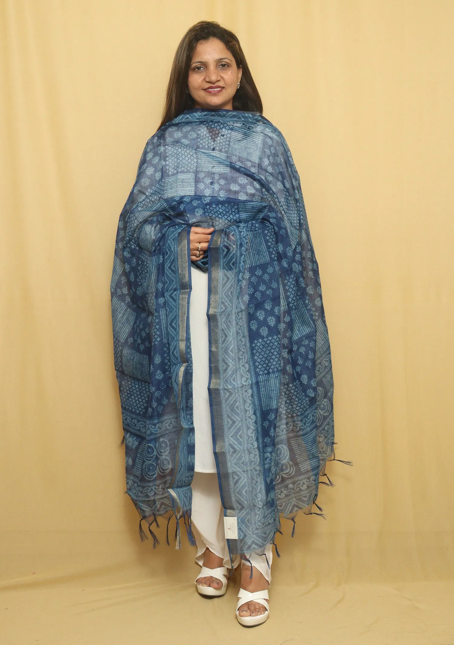 Block Printed Blue Chanderi Silk Dupatta - Stylish & Elegant