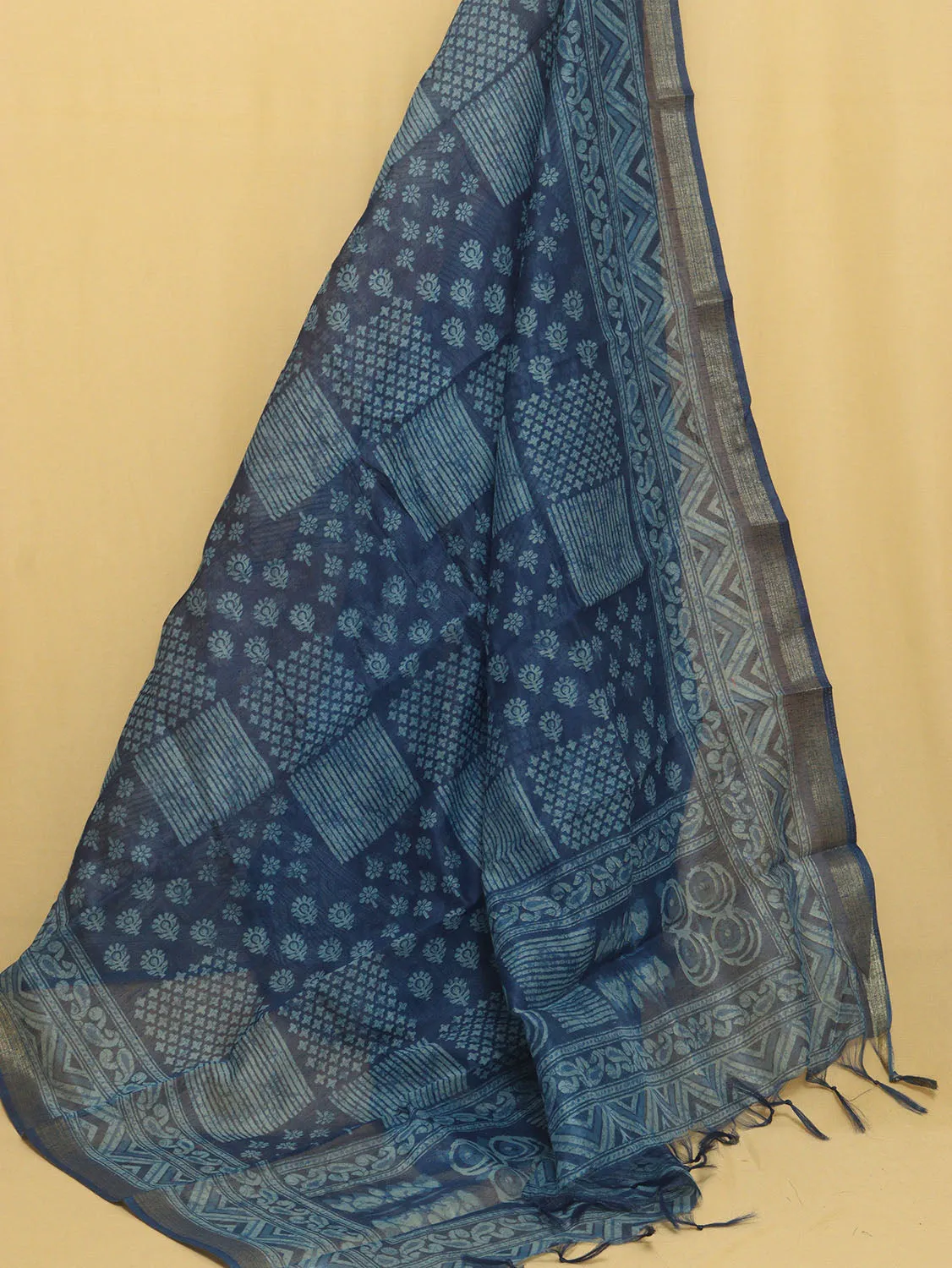 Block Printed Blue Chanderi Silk Dupatta - Stylish & Elegant