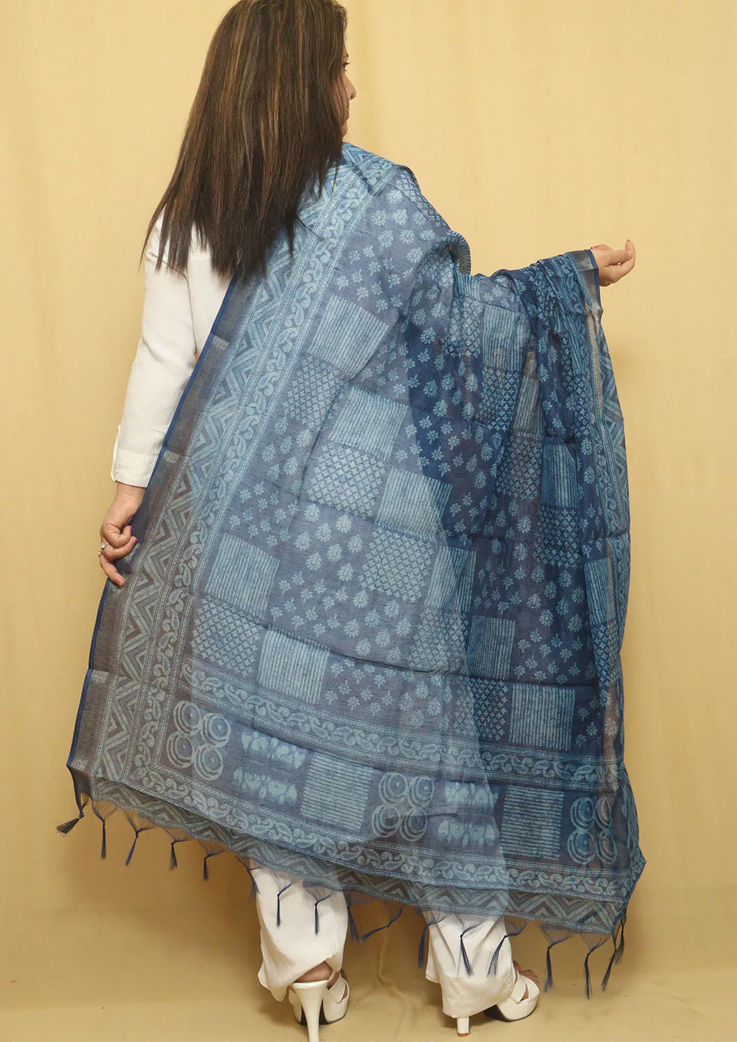 Block Printed Blue Chanderi Silk Dupatta - Stylish & Elegant