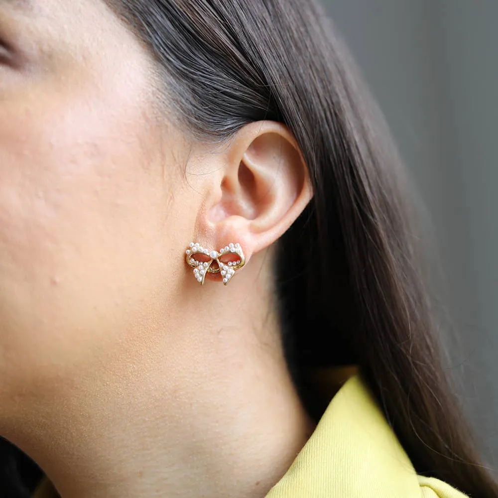 CANVAS STYLE - TILLIE PEARL-STUDDED BOW STUD EARRINGS IN IVORY