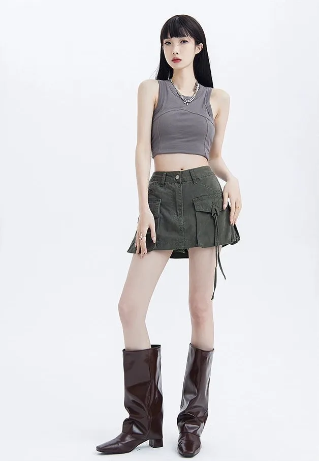 Cargo Pocket Drawstring Mini Skirt