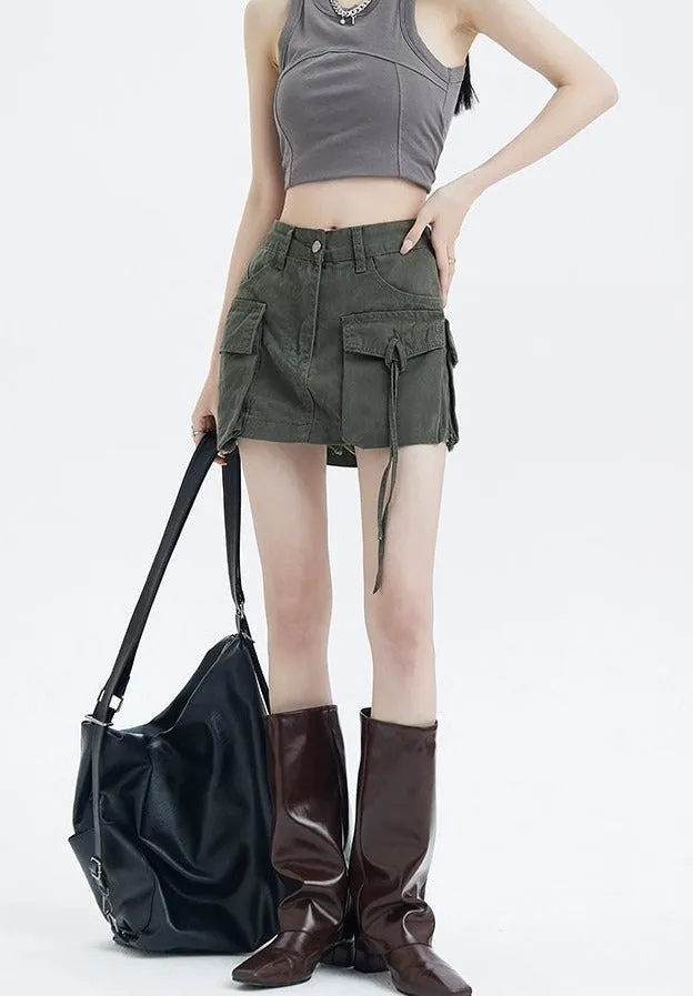 Cargo Pocket Drawstring Mini Skirt