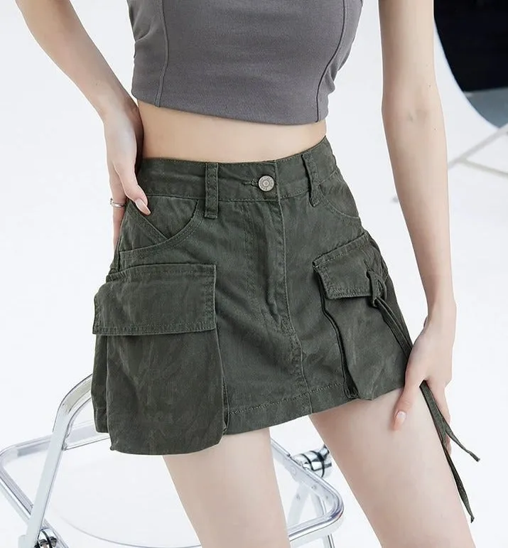 Cargo Pocket Drawstring Mini Skirt