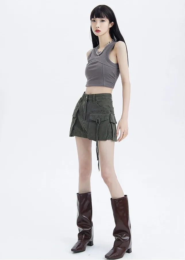 Cargo Pocket Drawstring Mini Skirt