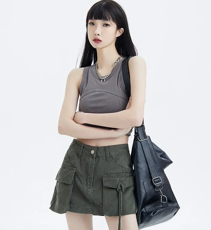 Cargo Pocket Drawstring Mini Skirt