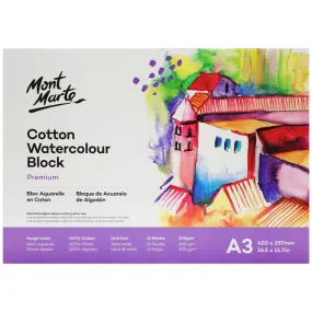 Cotton Watercolour Paper Block Premium 300gsm A3 (16.5 x 11.7in) 12 Sheet