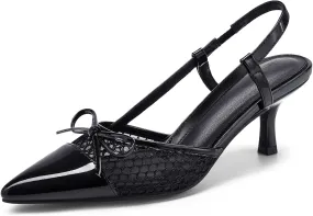 Coutgo Womens Bow Tie Slingback Pumps Pointed Toe Kitten Low Heel Patchwork Dress Heeled Sandals