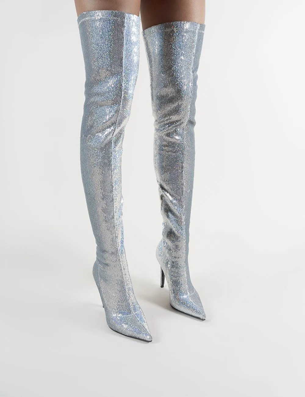 Dazzle Pointed Toe Over The Knee Boots in Silver Sequins