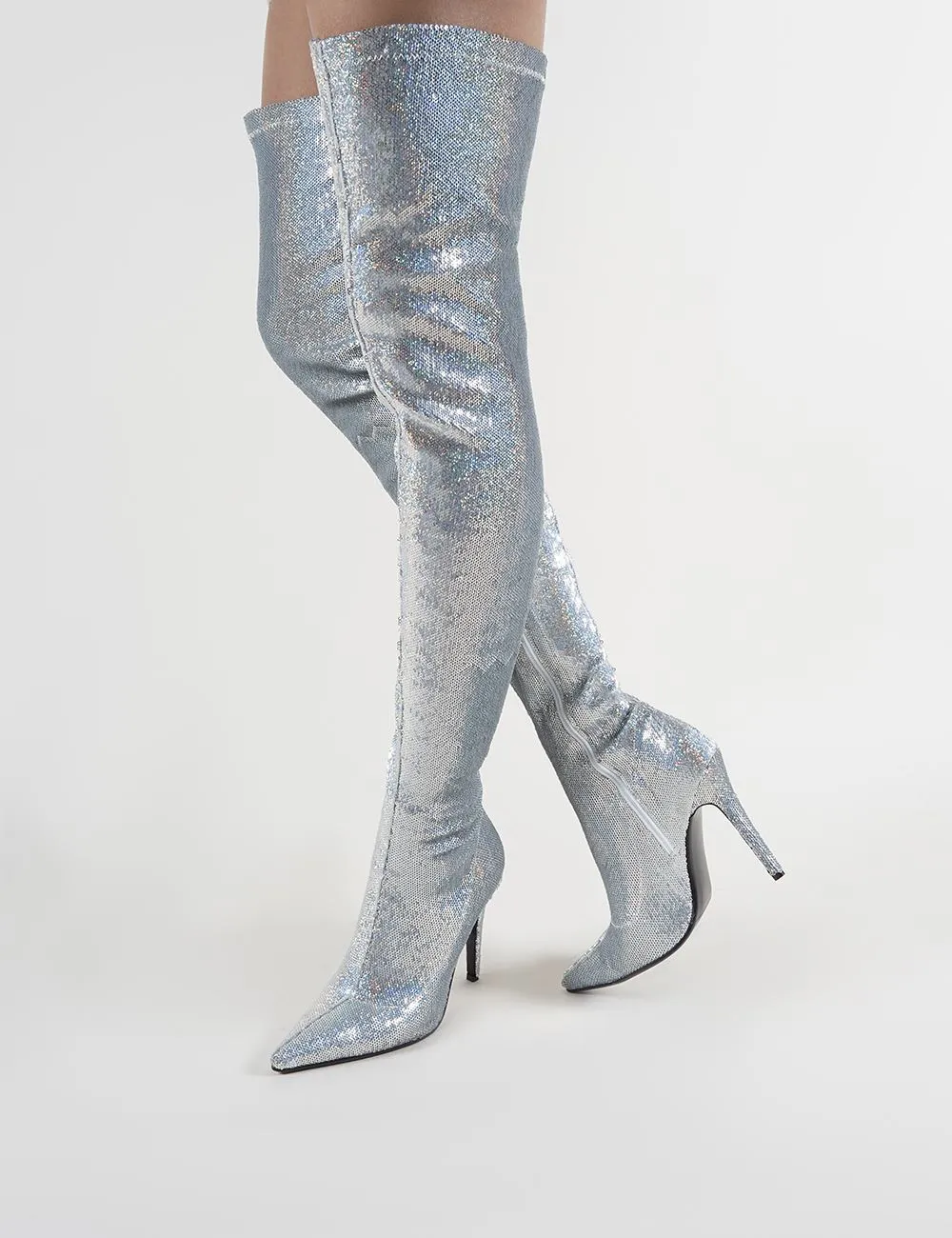 Dazzle Pointed Toe Over The Knee Boots in Silver Sequins