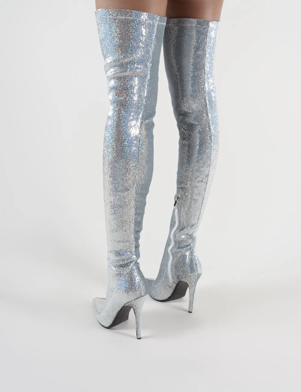 Dazzle Pointed Toe Over The Knee Boots in Silver Sequins