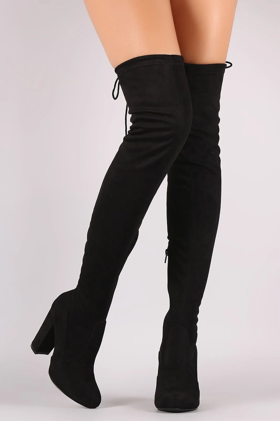 Drawstring-Tie Chunky Heeled Suede Boots