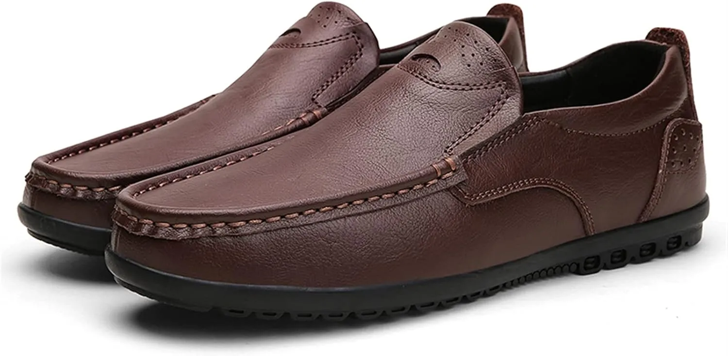 Driving Moccasins for Men Genuine Leather Stitching Details Round Toe Lightweight Anti-Slip Resistant Flexible Flat Heel Driving Slip on for Any Attire