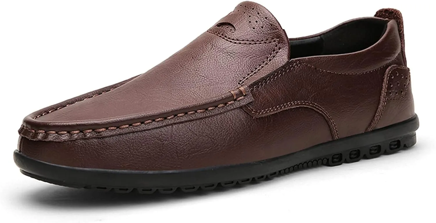 Driving Moccasins for Men Genuine Leather Stitching Details Round Toe Lightweight Anti-Slip Resistant Flexible Flat Heel Driving Slip on for Any Attire