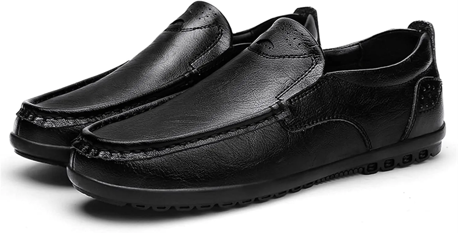 Driving Moccasins for Men Genuine Leather Stitching Details Round Toe Lightweight Anti-Slip Resistant Flexible Flat Heel Driving Slip on for Any Attire