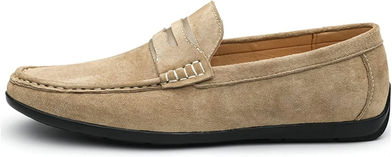 Easy to Put and Remove. Driving Moccasins for Men Genuine Leather Penny Loafer Suede Vamp Stitching Details Round Toe Lightweight Flat Heel Flexible Walking Slip on for All Occasions
