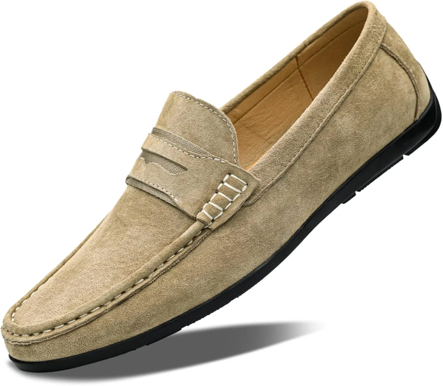 Easy to Put and Remove. Driving Moccasins for Men Genuine Leather Penny Loafer Suede Vamp Stitching Details Round Toe Lightweight Flat Heel Flexible Walking Slip on for All Occasions