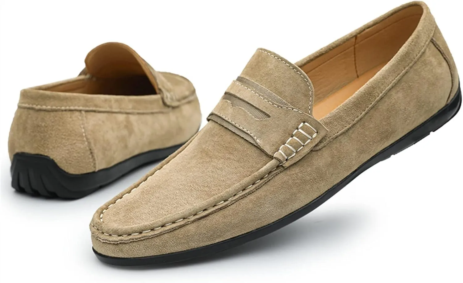 Easy to Put and Remove. Driving Moccasins for Men Genuine Leather Penny Loafer Suede Vamp Stitching Details Round Toe Lightweight Flat Heel Flexible Walking Slip on for All Occasions