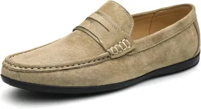 Easy to Put and Remove. Driving Moccasins for Men Genuine Leather Penny Loafer Suede Vamp Stitching Details Round Toe Lightweight Flat Heel Flexible Walking Slip on for All Occasions