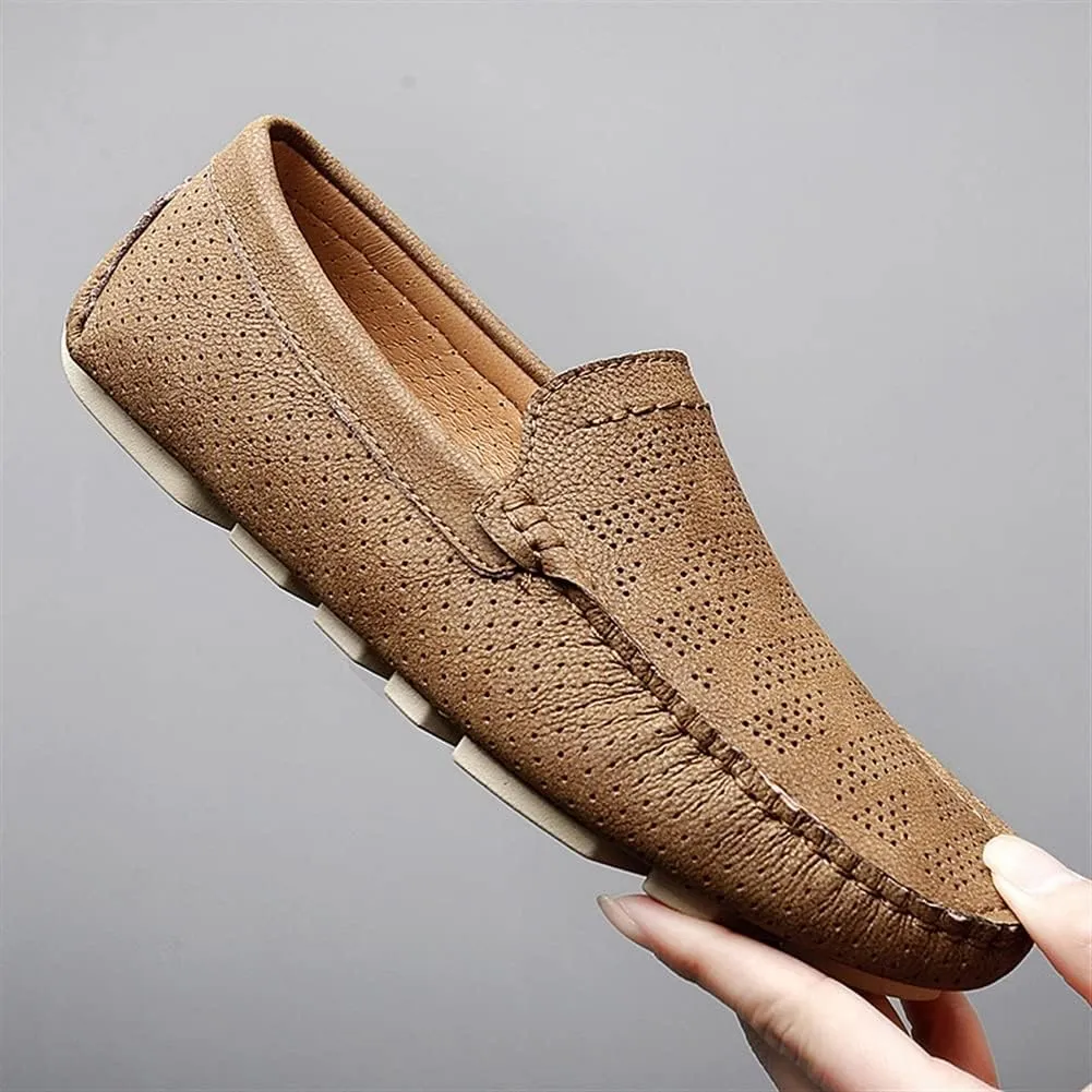 Easy to Put and Remove. Loafer Shoes Driving Moccasins for Men Genuine Leather Stitching Details Perforated Round Toe Rubber Sole Breathable Lightweight Anti-Slip Flat Heel for All Occasions