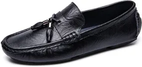 Easy to Put and Remove Smoking Loafer for Men Tassel Genuine Leather Round Toe Stitching Details Resistant Flat Heel Soft Walking Slip On for All Occasions (Color : Black, Size : 7)