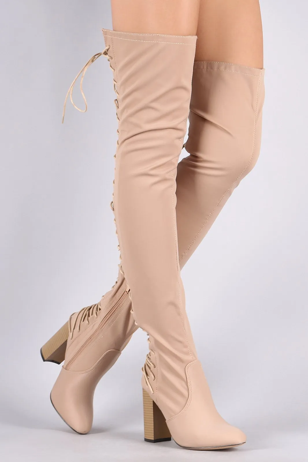 Elastane Back Corset Chunky Heeled Over-The-Knee Boots