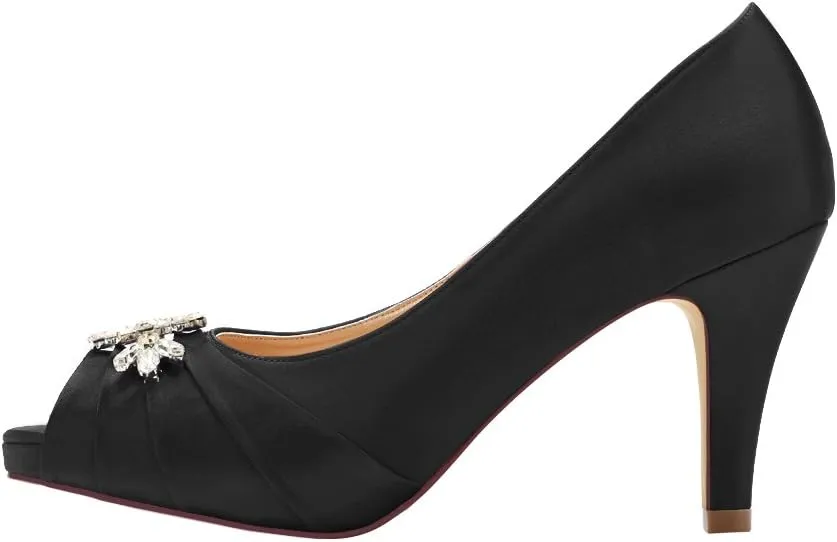 ERIJUNOR Peep Toe Mid Heels for Woman Rhinestones Satin Evening Prom Wedding Shoes