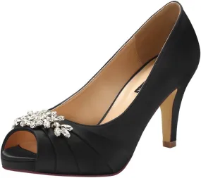 ERIJUNOR Peep Toe Mid Heels for Woman Rhinestones Satin Evening Prom Wedding Shoes