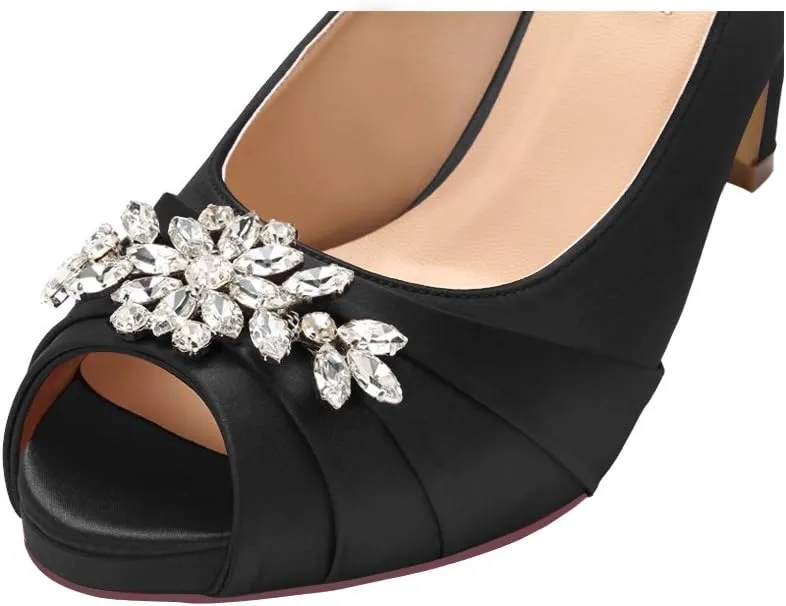 ERIJUNOR Peep Toe Mid Heels for Woman Rhinestones Satin Evening Prom Wedding Shoes