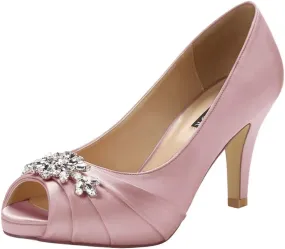ERIJUNOR Peep Toe Mid Heels for Woman Rhinestones Satin Evening Prom Wedding Shoes