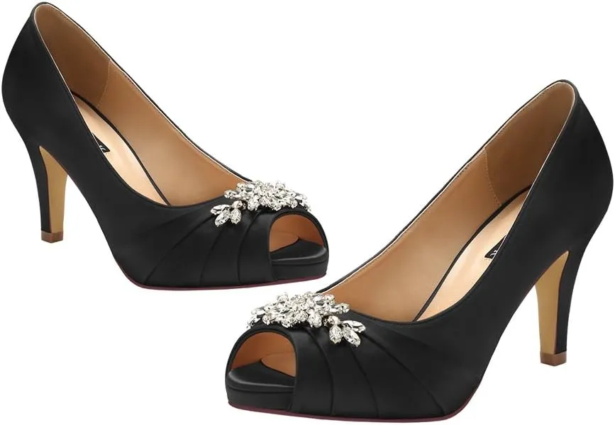 ERIJUNOR Peep Toe Mid Heels for Woman Rhinestones Satin Evening Prom Wedding Shoes