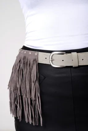 Faux Leather With Fringe Suede Studded Belt In Grey
