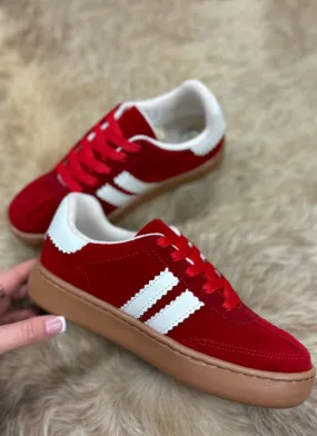 Fiery Red Vintage Striped Patchwork Lace- up Flat Shoes