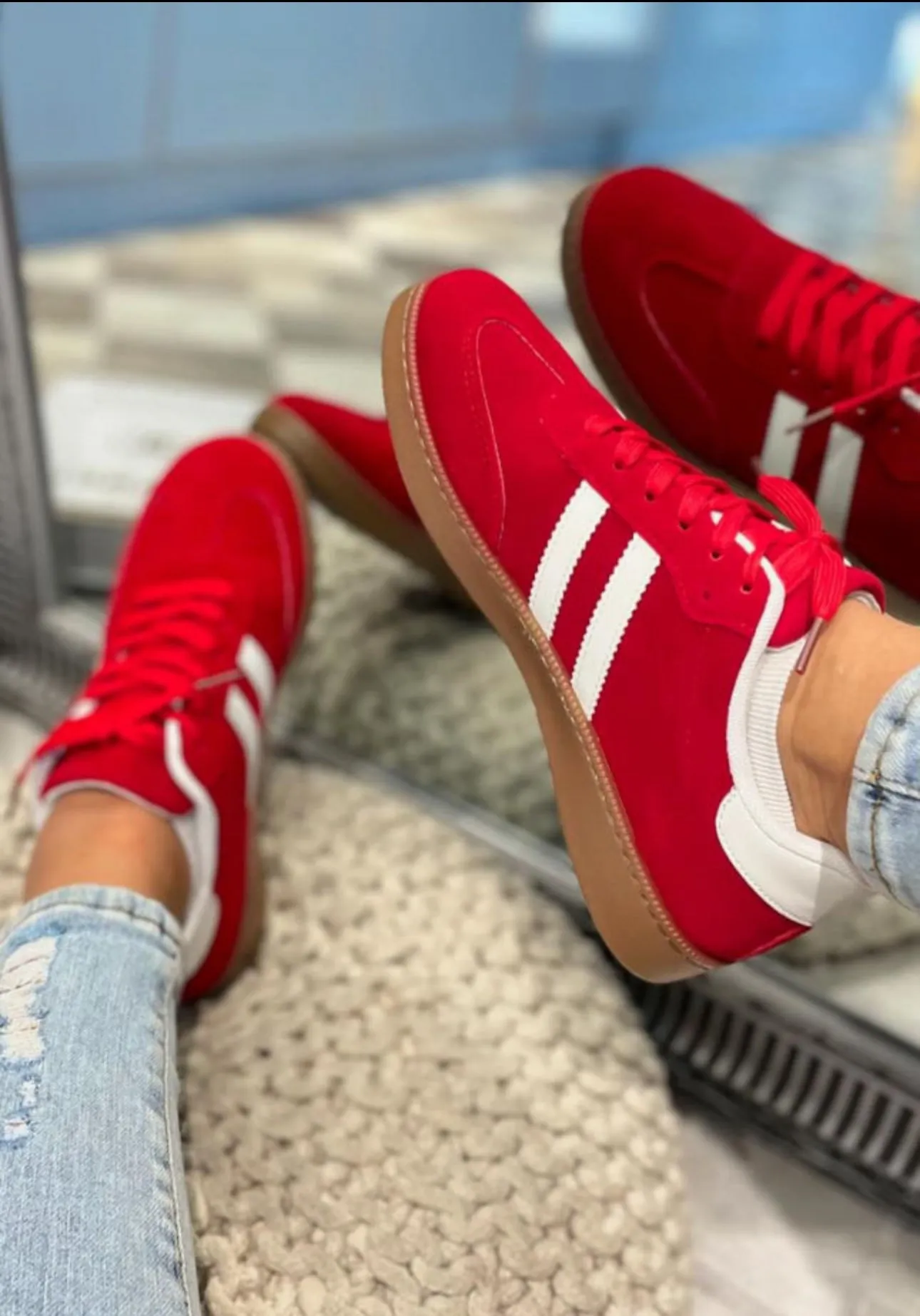 Fiery Red Vintage Striped Patchwork Lace- up Flat Shoes