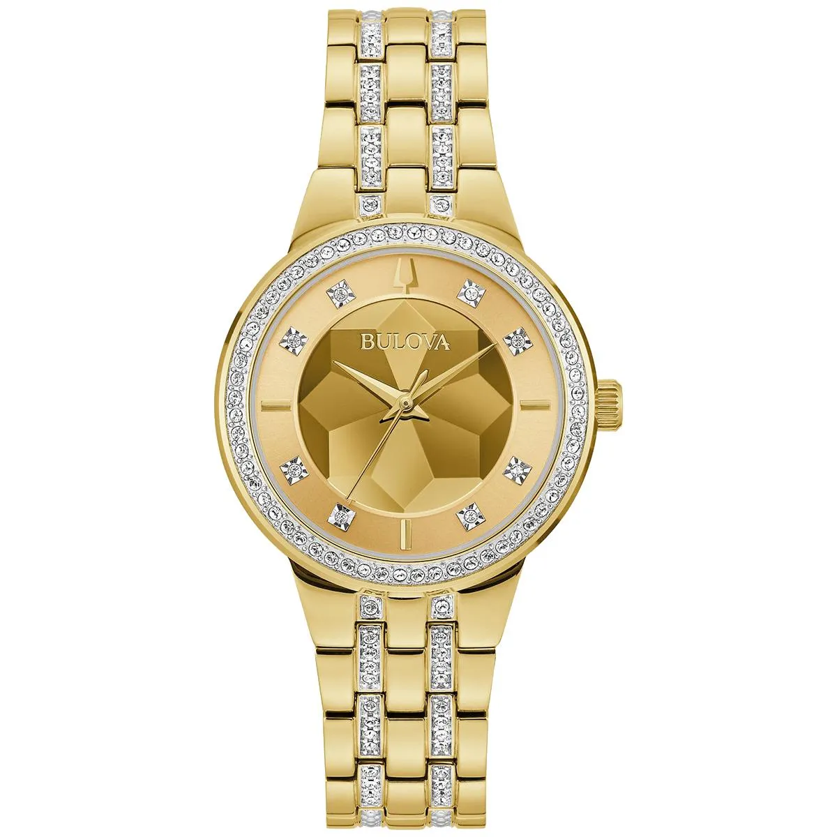 LADIES GOLD TONE STEEL BULOVA PHANTOM WATCH WITH CRYSTALS